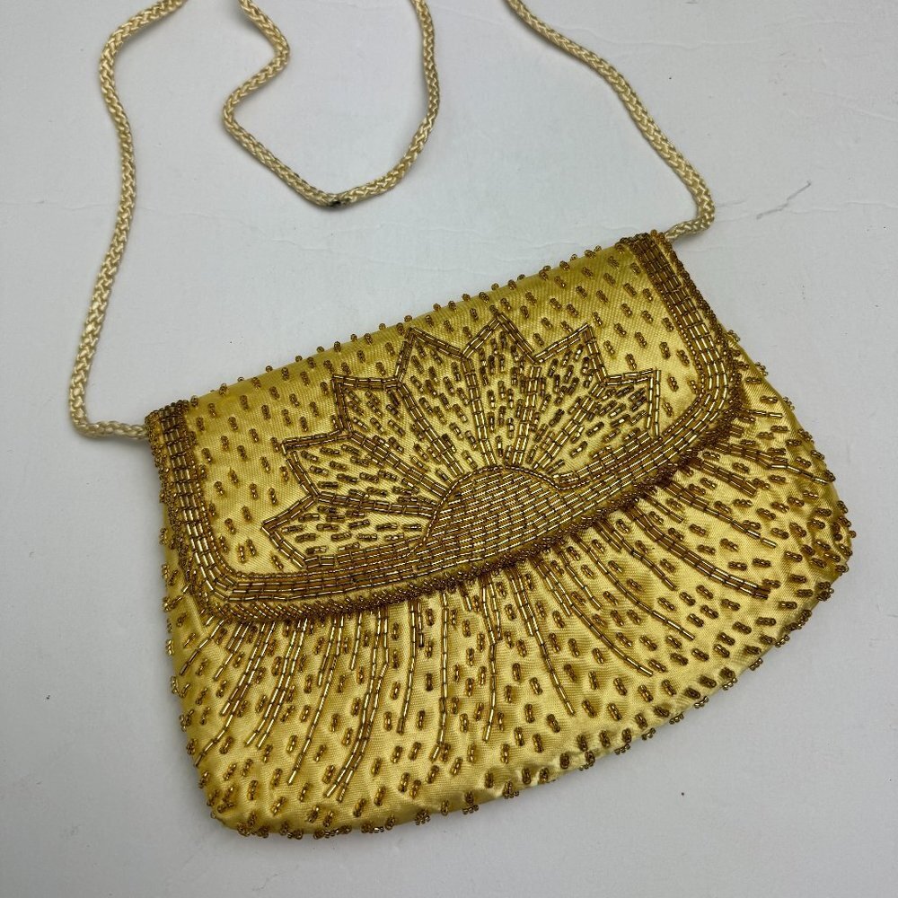 Vintage NEW Evening Party  bag Embroidered with beads Yellow / Gold Satin